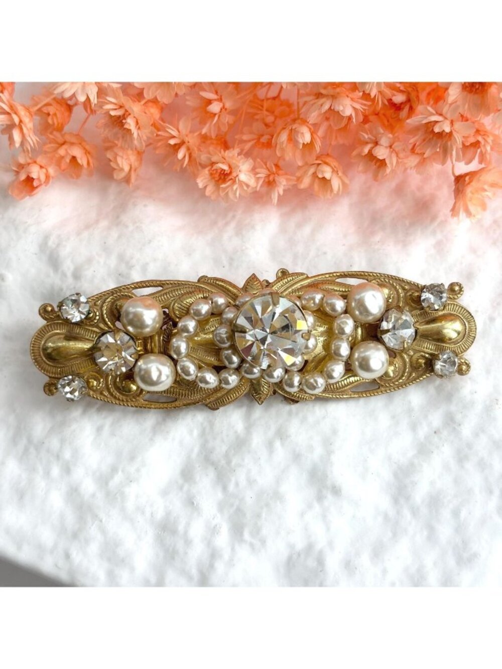 Miriam Haskell 1950's Baroque Pearl Rhinestone Vintage Costume Jewelry Brooch
